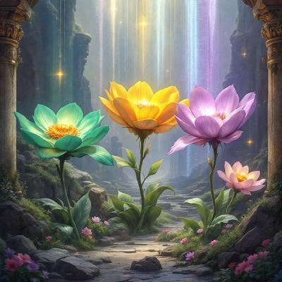 The primary subject of the image is a group of four colorful flowers, each with a different color, placed in a garden setting. The flowers are positioned in a row, with one on the left, one in the middle, one on the right, and one in the foreground. The setting includes a pathway, a mountain in the background, and a waterfall. The visual style of the image is a digital art or illustration, with a vibrant and lively atmosphere created by the use of various colors.